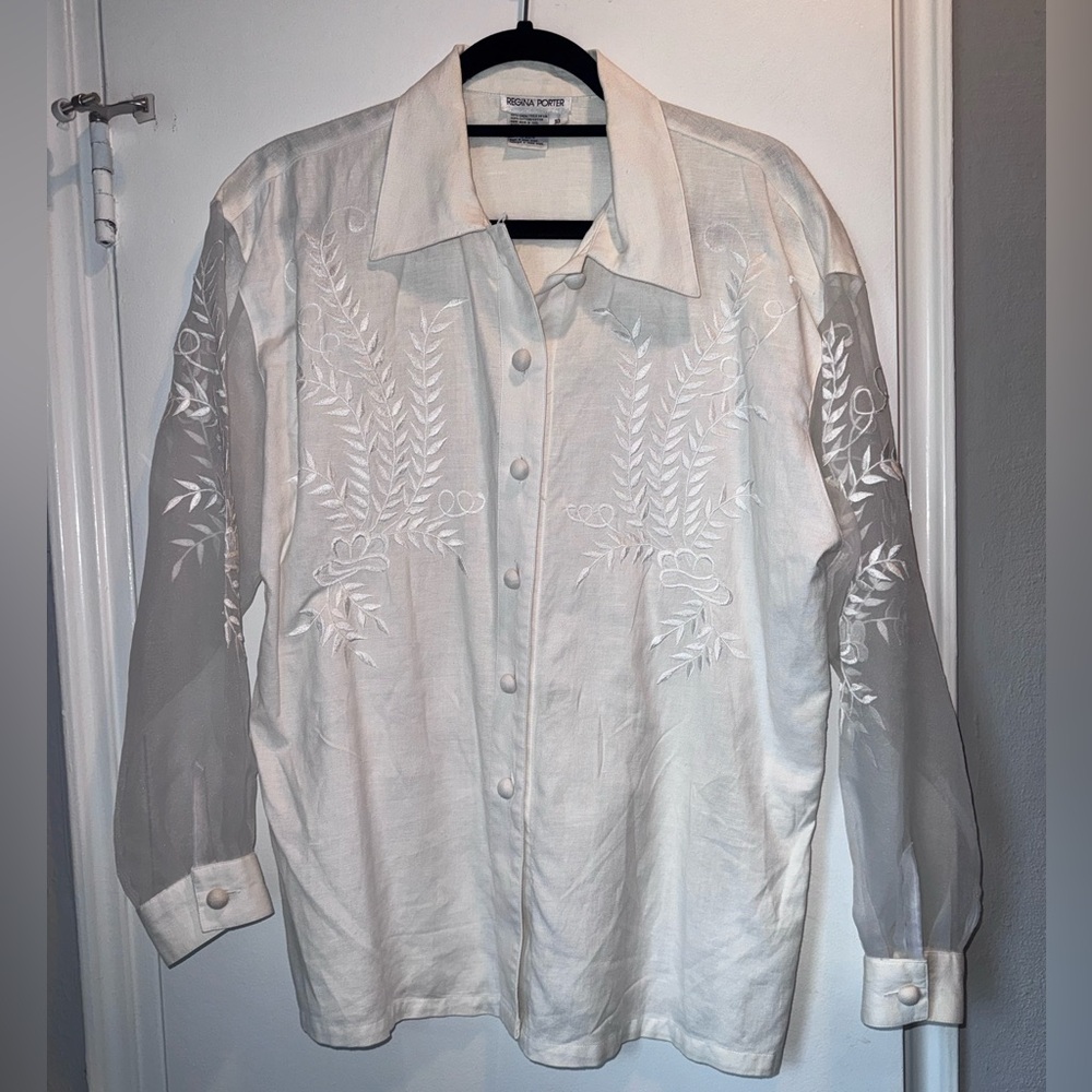 Vintage Regina Porter Floral Linen/Cotton Blend Top with Sheer Sleeves